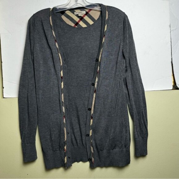 Burberry Brit Nova Check Trim Wool Cardigan Sweater V Buttons Lightweight Soft M - Picture 7 of 16